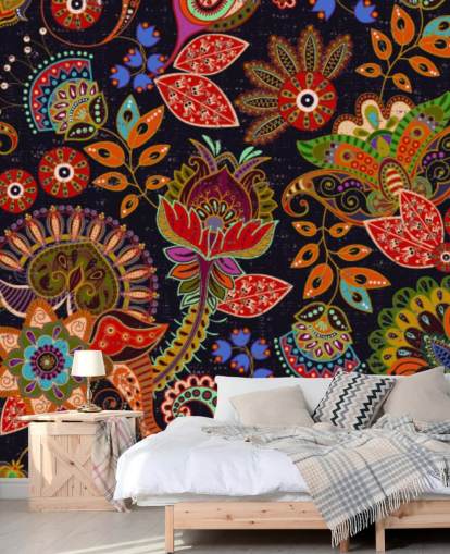 värikäs folk art kukkia tummalla taustalla tapetti