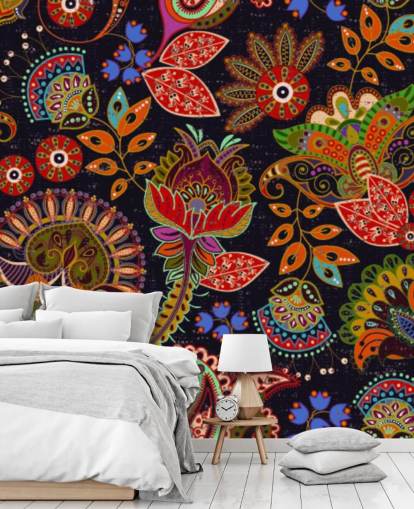 fleurs d'art populaire coloré sur fond sombre papier peint