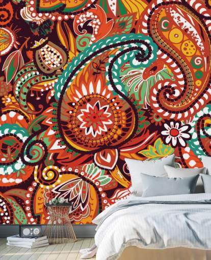 papier peint cachemire orange, rouge et vert