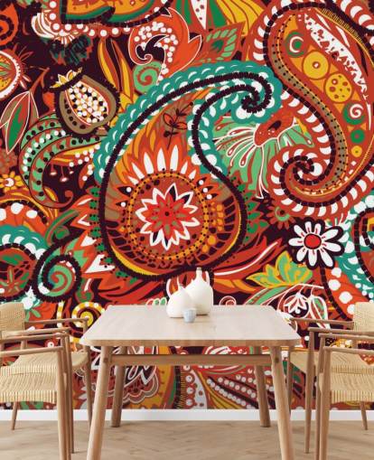 papel de parede paisley laranja, vermelho e verde