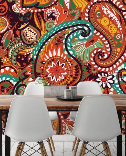 orange, röd och grön paisley tapeter