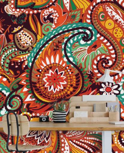 papel pintado paisley naranja, rojo y verde papel pintado paisley naranja, rojo y verde