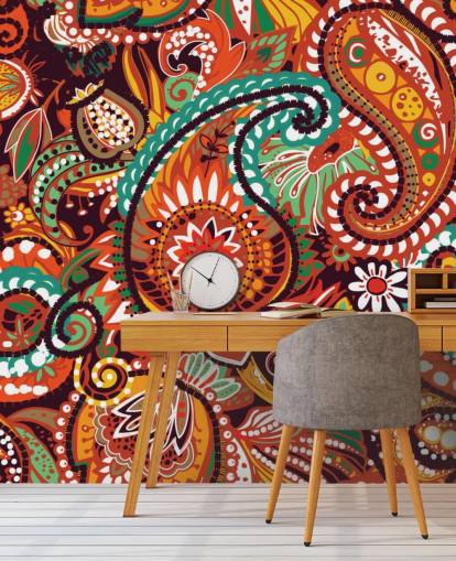papel pintado paisley naranja, rojo y verde papel pintado paisley naranja, rojo y verde