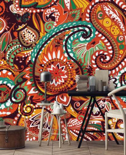 papier peint cachemire orange, rouge et vert papier peint cachemire orange, rouge et vert