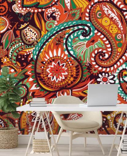 orange, rote und grüne Paisley-Tapete