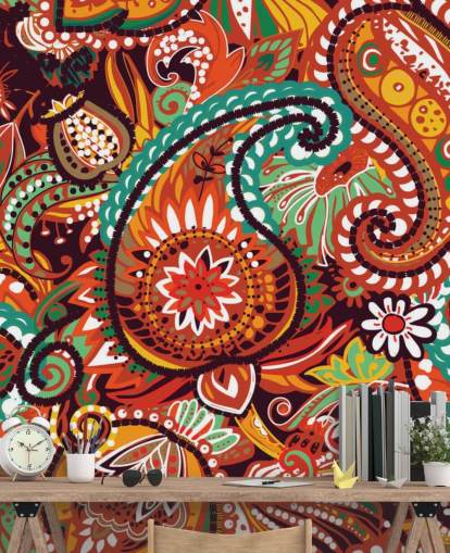 papel pintado paisley naranja, rojo y verde papel pintado paisley naranja, rojo y verde