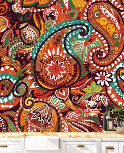 carta da parati paisley arancione, rosso e verde