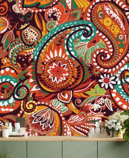 carta da parati paisley arancione, rosso e verde