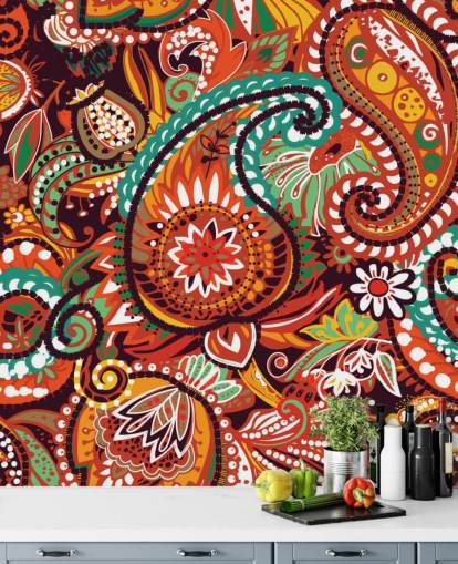 orange, rote und grüne Paisley-Tapete