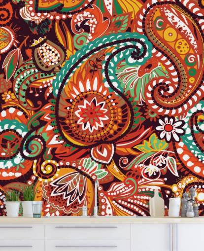 orange, rote und grüne Paisley-Tapete