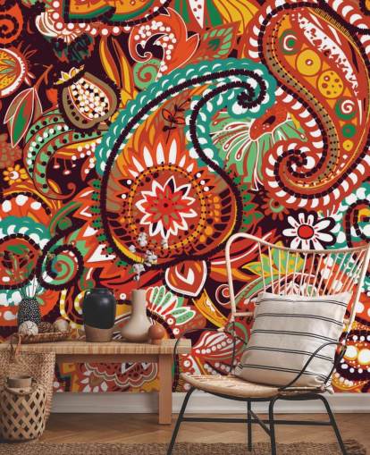 papier peint cachemire orange, rouge et vert