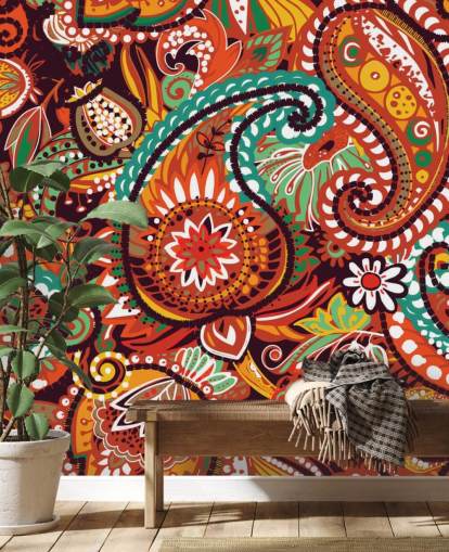 oranje, rood en groen paisley behang