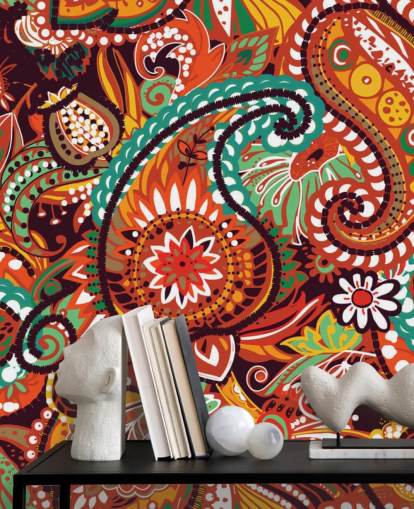 papel de parede paisley laranja, vermelho e verde
