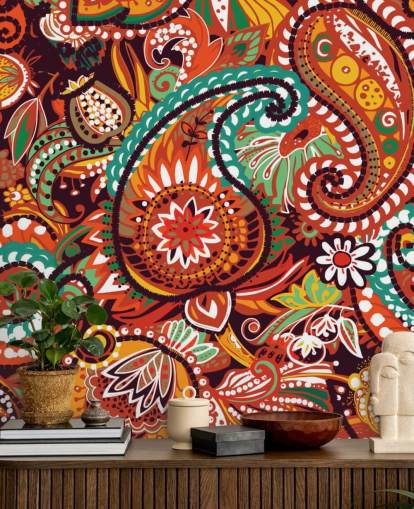 orange, red and green paisley wallpaper