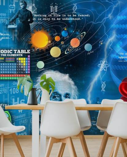 blauwe educatieve behangmuurschildering genaamd Amazing Science - Aanpasbaar bij Wallsauce voor scholen