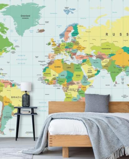 colorful customizable world map wallpaper mural called Detailed World Map for kid's bedrooms and schools