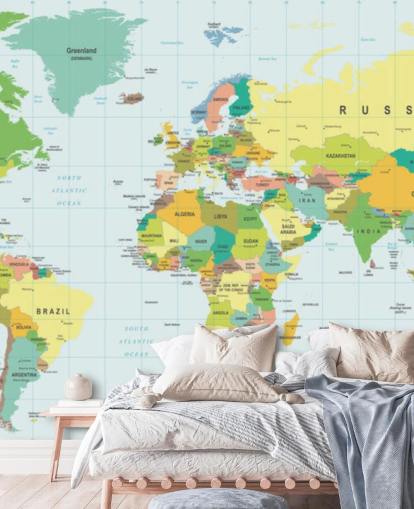 colorful customizable world map wallpaper mural called Detailed World Map for kid's bedrooms and schools