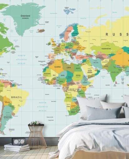 colorido mural de papel pintado con un mapa del mundo personalizable llamado Mapa del mundo detallado para dormitorios de niños y escuelas