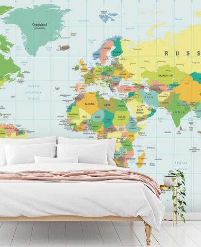 colorful customizable world map wallpaper mural called Detailed World Map for kid's bedrooms and schools
