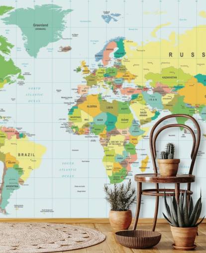 colourful customisable world map wallpaper mural called Detailed World Map for kid's bedrooms and schools