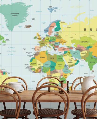 colorido mural de papel pintado con un mapa del mundo personalizable llamado Mapa del mundo detallado para dormitorios de niños y escuelas