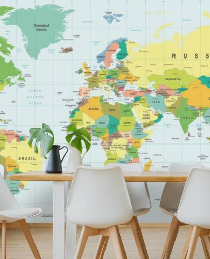 papier peint mural coloré et personnalisable appelé Carte du monde détaillée pour les chambres d'enfants et les écoles