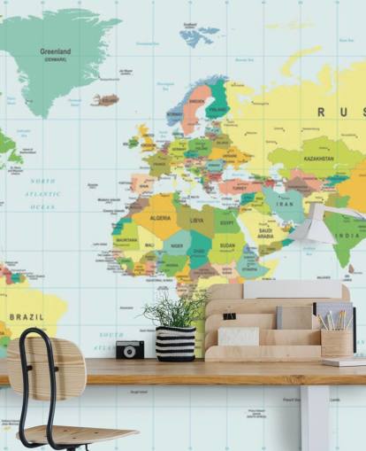 colorido mural de papel pintado con un mapa del mundo personalizable llamado Mapa del mundo detallado para dormitorios de niños y escuelas