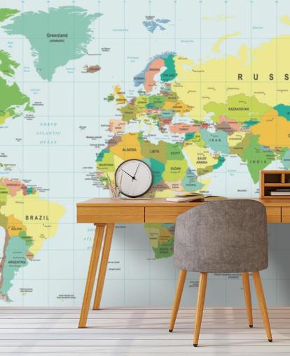 colourful customisable world map wallpaper mural called Detailed World Map for kid's bedrooms and schools
