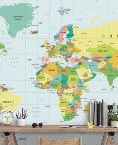 colorful customizable world map wallpaper mural called Detailed World Map for kid's bedrooms and schools