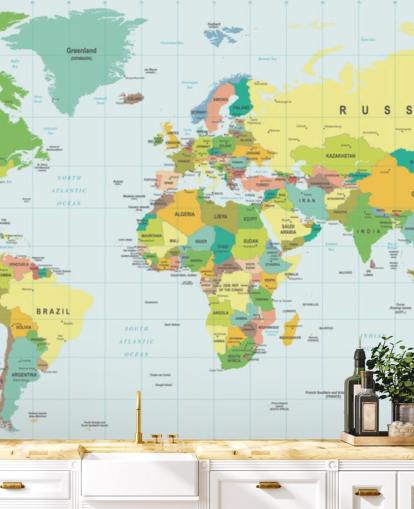 mural colorido de papel de parede de mapa do mundo personalizável chamado Mapa do Mundo Detalhado para quartos e escolas infantis