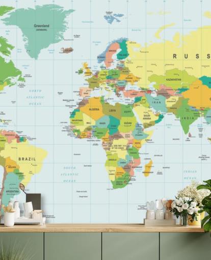 colorful customizable world map wallpaper mural called Detailed World Map for kid's bedrooms and schools