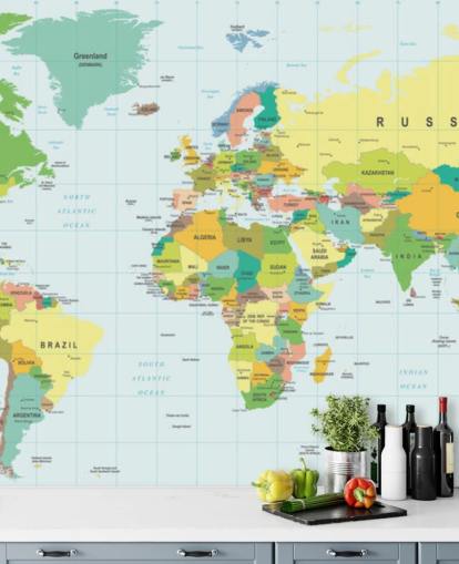 colorido mural de papel pintado con un mapa del mundo personalizable llamado Mapa del mundo detallado para dormitorios de niños y escuelas