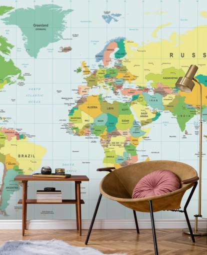 colorido mural de papel pintado con un mapa del mundo personalizable llamado Mapa del mundo detallado para dormitorios de niños y escuelas