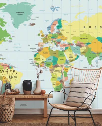 colorido mural de papel pintado con un mapa del mundo personalizable llamado Mapa del mundo detallado para dormitorios de niños y escuelas