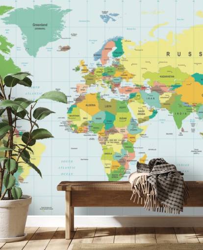 colorido mural de papel pintado con un mapa del mundo personalizable llamado Mapa del mundo detallado para dormitorios de niños y escuelas