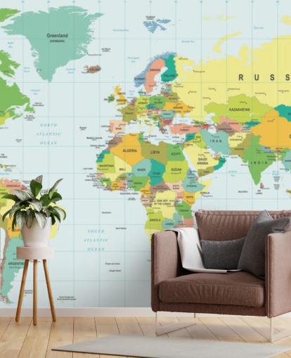 carta da parati murale colorata e personalizzabile con mappa del mondo chiamata Detailed World Map per camere da letto e scuole per bambini