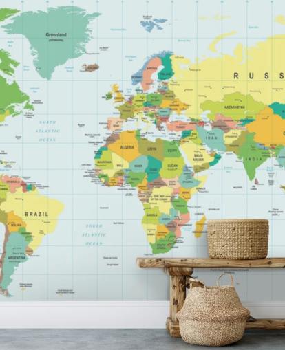 colorful customizable world map wallpaper mural called Detailed World Map for kid's bedrooms and schools colorful customizable world map wallpaper mural called Detailed World Map for kid's bedrooms and schools