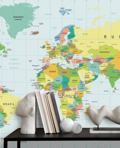 colourful customisable world map wallpaper mural called Detailed World Map for kid's bedrooms and schools colourful customisable world map wallpaper mural called Detailed World Map for kid's bedrooms and schools
