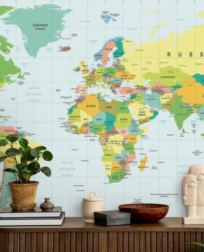 colourful customisable world map wallpaper mural called Detailed World Map for kid's bedrooms and schools