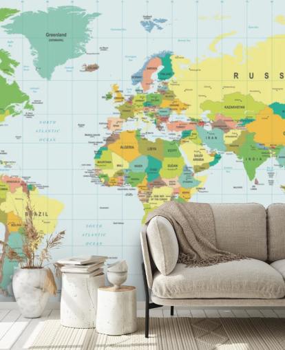 colorful customizable world map wallpaper mural called Detailed World Map for kid's bedrooms and schools