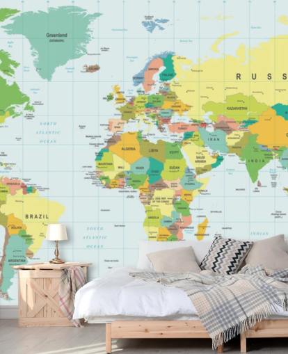 colorido mural de papel pintado con un mapa del mundo personalizable llamado Mapa del mundo detallado para dormitorios de niños y escuelas