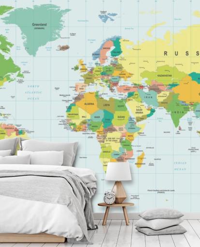 colorful customizable world map wallpaper mural called Detailed World Map for kid's bedrooms and schools