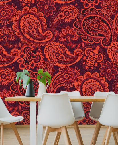papel pintado paisley naranja y rojo