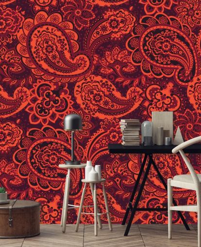 oranje en rood paisley behang