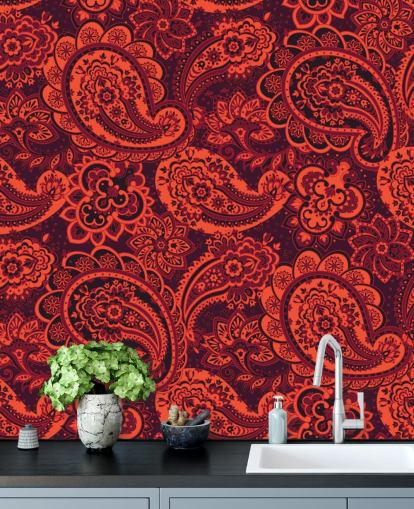 papel pintado paisley naranja y rojo