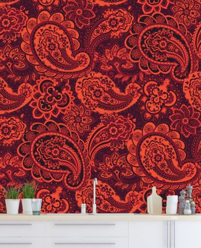 papel de parede paisley laranja e vermelho