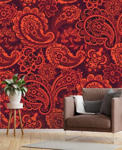 orange och röd paisley tapeter