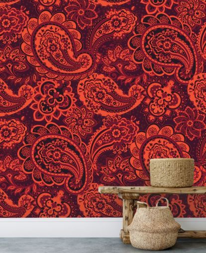 papel pintado paisley naranja y rojo