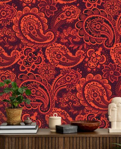 papel pintado paisley naranja y rojo