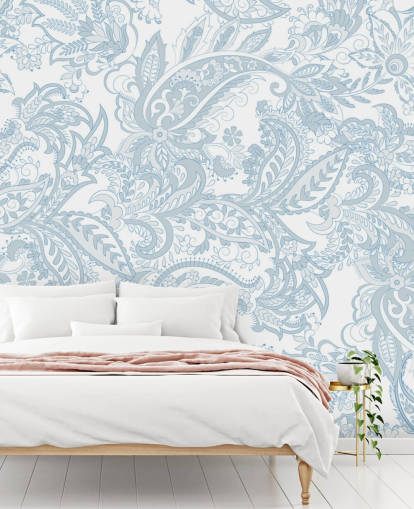 blommig blå och vit paisley mönster tapeter
